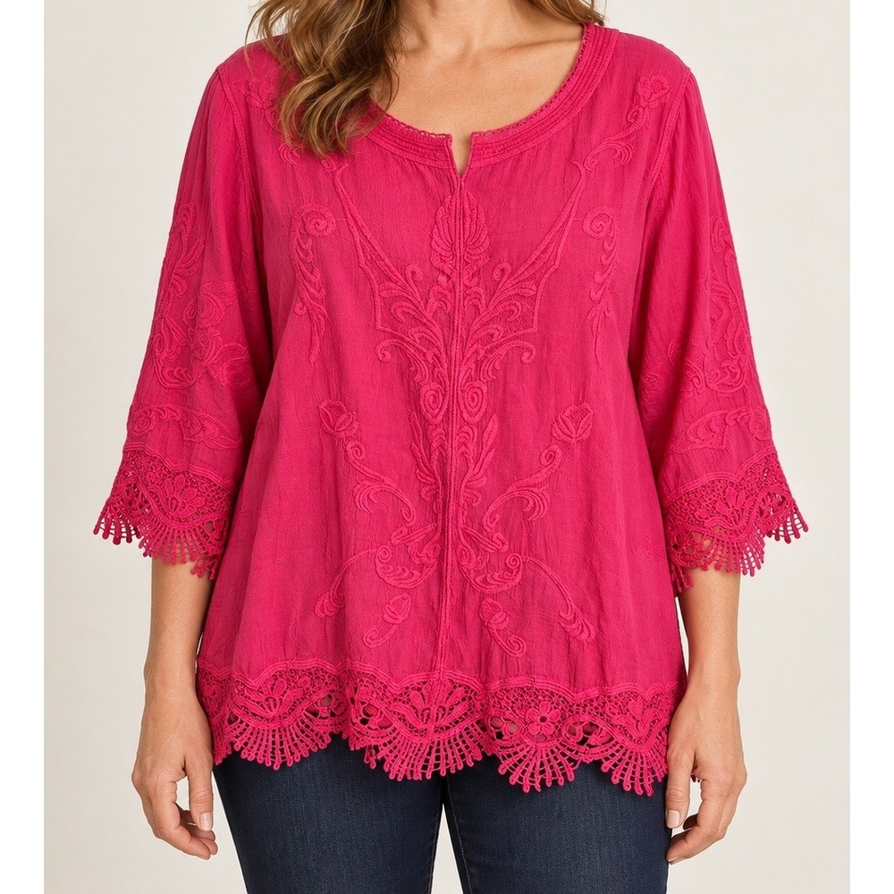 Chico's Embroidered Shirt Size 2 Pullover Pink Barbiecore 3/4 Sleeve Fringe NWT